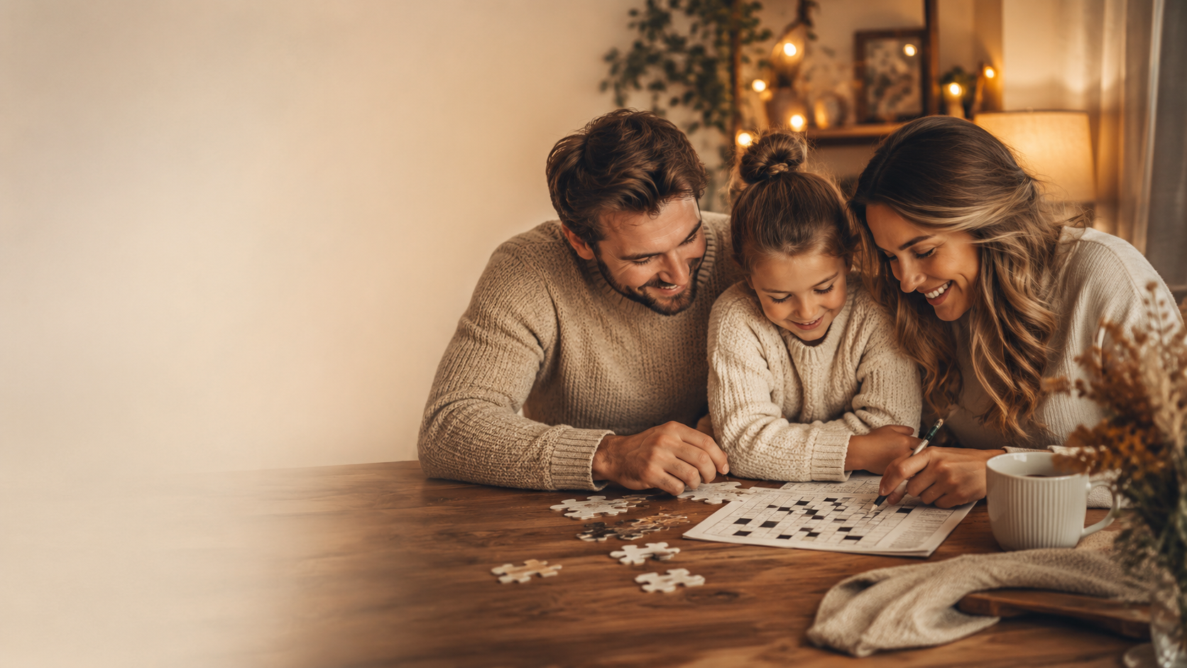 Familie sitzt gemeinsam am Tisch und löst ein persönliches Rätsel